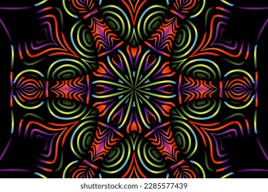 Beautiful caleidoscope symmetrical colourful gradient flowers line art of traditional background batik dayak ornament design template elements