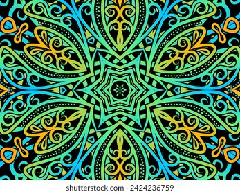 Hermoso caleidoscopio gradiente simétrico colorido línea de arte de la cultura indonesia batik étnico dayak 
