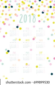 Beautiful Calendar for 2018 Year with colorful Confetti. Printable and ready to use design template. Stylish stationery design. Week starts from Monday. Elegant and simple vector calendar for 2018