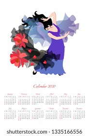 Beautiful calendar for 2020 year with illustration with girl in a long lilac dress dancing flamenco with a black shawl with red flowers and hearts in the shape of a flying fairy bird. 