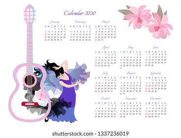 Beautiful calendar for 2020 year. Original design with a large guitar silhouette, pink flowers, shawls in shape of flying birds and girl dancing flamenco.