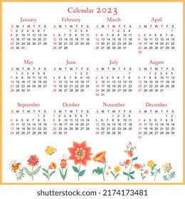 Beautiful calendar for 2023 year. Week starts on sunday. Vector template with  floral horizontal border of red, orange and yellow fairytale flowers and butterflies.