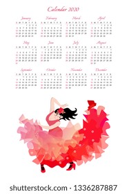 Beautiful calendar design for 2020 year with dancing girl dressed in red dress and with translucent shawl in shape of flying bird on white background.