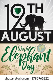 Beautiful calendar with elephant silhouette, vines and leaves, promoting World Elephant Day celebration this 12th August.