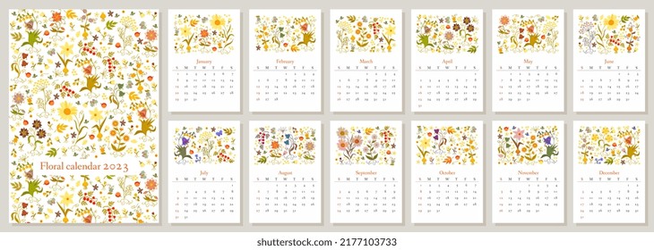Beautiful calendar with floral ornament, butterflies and berries for 2023. The week starts on Sunday.