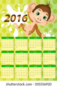 Beautiful calendar with a monkey.2016. Russian. Vector Design Template