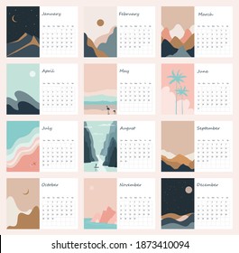 Beautiful calendar with a natural landscape.Abstract vector template with geometric pattern.