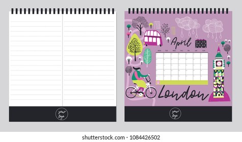 Beautiful  Calendar Template Organizer and Schedule with place for Notes. Vector illustration. Print Design.
