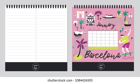 Beautiful  Calendar Template Organizer and Schedule with place for Notes. Vector illustration. Print Design.

