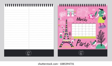 Beautiful  Calendar Template Organizer and Schedule with place for Notes. Vector illustration. Print Design.