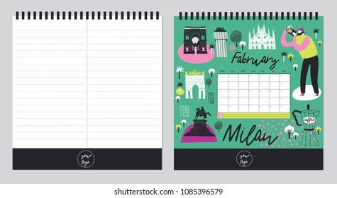 Beautiful  Calendar Template Organizer and Schedule with place for Notes. Vector illustration. Print Design.