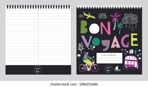 Beautiful  Calendar Template Organizer and Schedule with place for Notes. Vector illustration. Print Design.
