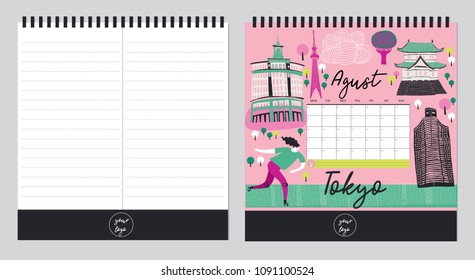 Beautiful Calendar Template Organizer and Schedule with place for Notes. Vector illustration. Print Design.