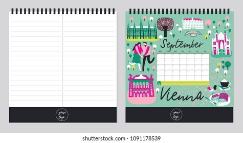 Beautiful  Calendar Template Organizer and Schedule with place for Notes. Vector illustration. Print Design.