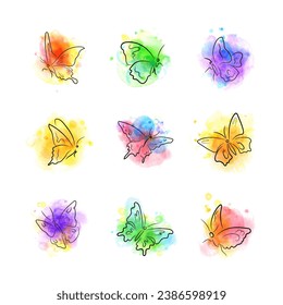 Beautiful calligraphic butterflies in various positions, with watercolor splashes in the background