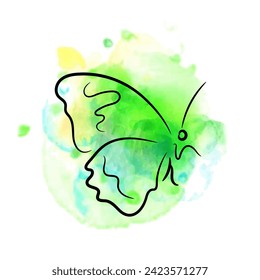 Beautiful calligraphic butterfly drawn with ink, with green, blue and yellow watercolor splashes