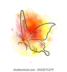 Beautiful calligraphic butterfly drawn with ink, with orange, yellow, pink watercolor splashes