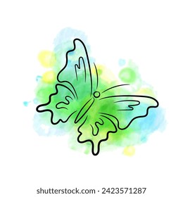 Beautiful calligraphic butterfly drawn with ink, with green, blue and yellow watercolor splashes