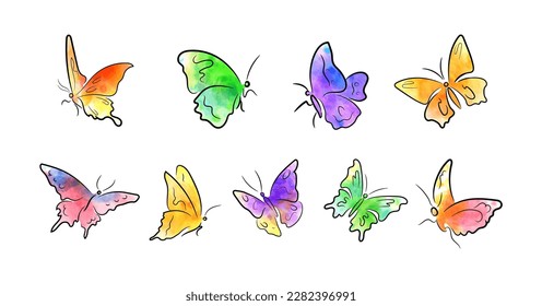 Beautiful calligraphic outlines of butterflies in various positions, with watercolor filling inside the contour, wet on wet technique. Unique romantic design elements for prints and decoration