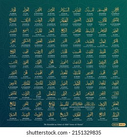 Hermosa caligrafía de 99 nombres de Alá "Asma-UL-Husna" con nombre en inglés y traducción, sus significados son: "El Señor Benéfico, Misericordioso, Eterno, Más Sagrado, Embodimento de la Paz..." Arte vectorial