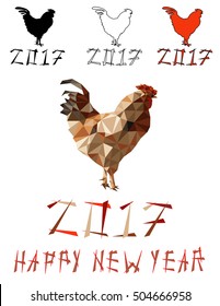 Beautiful calligraphy Inscription in Chinese Style Happy New Year with the symbol of the year 2017 rooster. Isolated Polygon Vector collection silhouettes set cock.