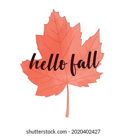 Beautiful calligraphy lettering text - Hello Fall. Bright orange red watercolor aquarelle artistic maple leaf vector illustration isolated on white background. Fall welcoming greeting poster design.