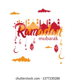Beautiful calligraphy of Ramadan mubarak text with mosque and lantern.