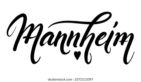 Beautiful calligraphy showcasing the word Mannheim in an artistic style, perfect for city pride materials and creative designs. Graphic also features a heart accent, adding a touch of warmth and care