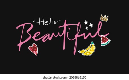 beautiful calligraphy slogan with colorful sequin icons vector illustration on black background