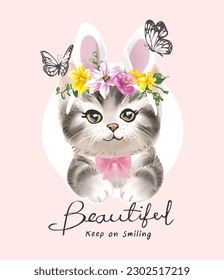 beautiful calligraphy slogan with cute kitten in colorful floral crown vector illustration