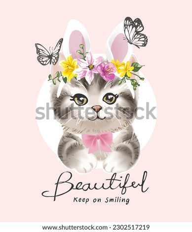 beautiful calligraphy slogan with cute kitten in colorful floral crown vector illustration