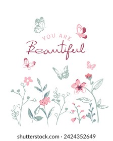 hermoso lema de caligrafía con jardín de flores dibujado a mano y mariposas ilustración vectorial para la impresión de moda