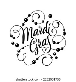 Beautiful calligraphy of the words - Mardi Gras - in bold, elegant letters. The script is surrounded by a flourish of intricate lines and beads. Isolated vector typography design element