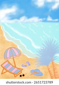 beautiful and calm beach summer background with small waves, bright blue sky, beach chairs and umbrellas, palm trees, sun glasses, beach hats and a pair of flip flops on the sand.