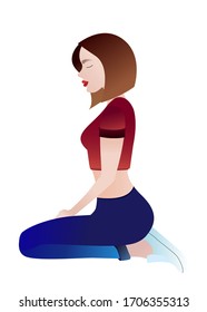 beautiful calm girl with short hair sitting on the floor meditating