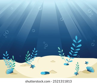 Bela e calma ilustração com um mundo subaquático com luz solar filtrando através da água, fundo do mar arenoso, plantas aquáticas e conchas. Ilustração vetorial em estilo de desenho animado plano