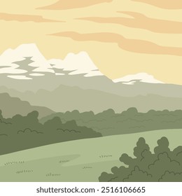 Beautiful calm nature landscape. Picturesque landscape. Forest, field, mountains and clouds. Summer day. Flat vector illustration