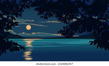 Beautiful calm night in a lake with moonlight and silhouette of tree branches