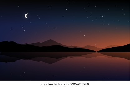 Beautiful calm night at lake with mountains, moon and stars. Flat vector night landscape