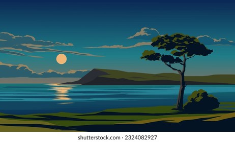 Beautiful calm night landscape at beach with moonlight