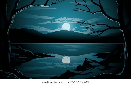 Beautiful calm night view at lake with silhouette of trees and full moon