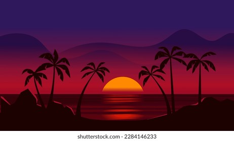 Beautiful calm ocean sundown with rocks and palm trees in the beach