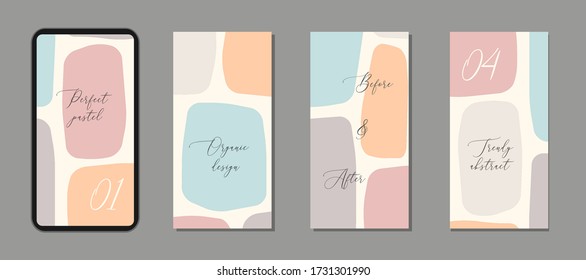 Beautiful calm set of vertical social media quote post templates with minimal abstract organic shapes composition in trendy contemporary collage style, ideal for phone wallpaper etc