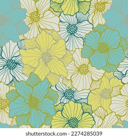 Beautiful camellia blossom endless pattern. Organic bouquet composition. Camellia bloom with lined petals. Packaging print. Meadow flower spring periodic design nature motif.