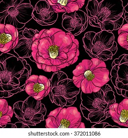 Beautiful camellia on a black background.Vector seamless pattern