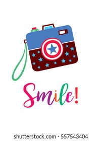 beautiful camera vector with word of smile