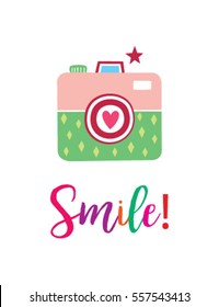 beautiful camera vector with word of smile