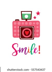 beautiful camera vector with word of smile