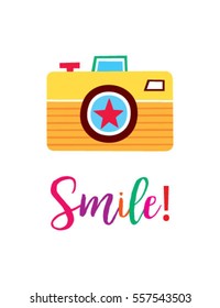 beautiful camera vector with word of smile