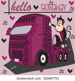 beautiful cami on with monkey and hearts and flowers vector illustration
